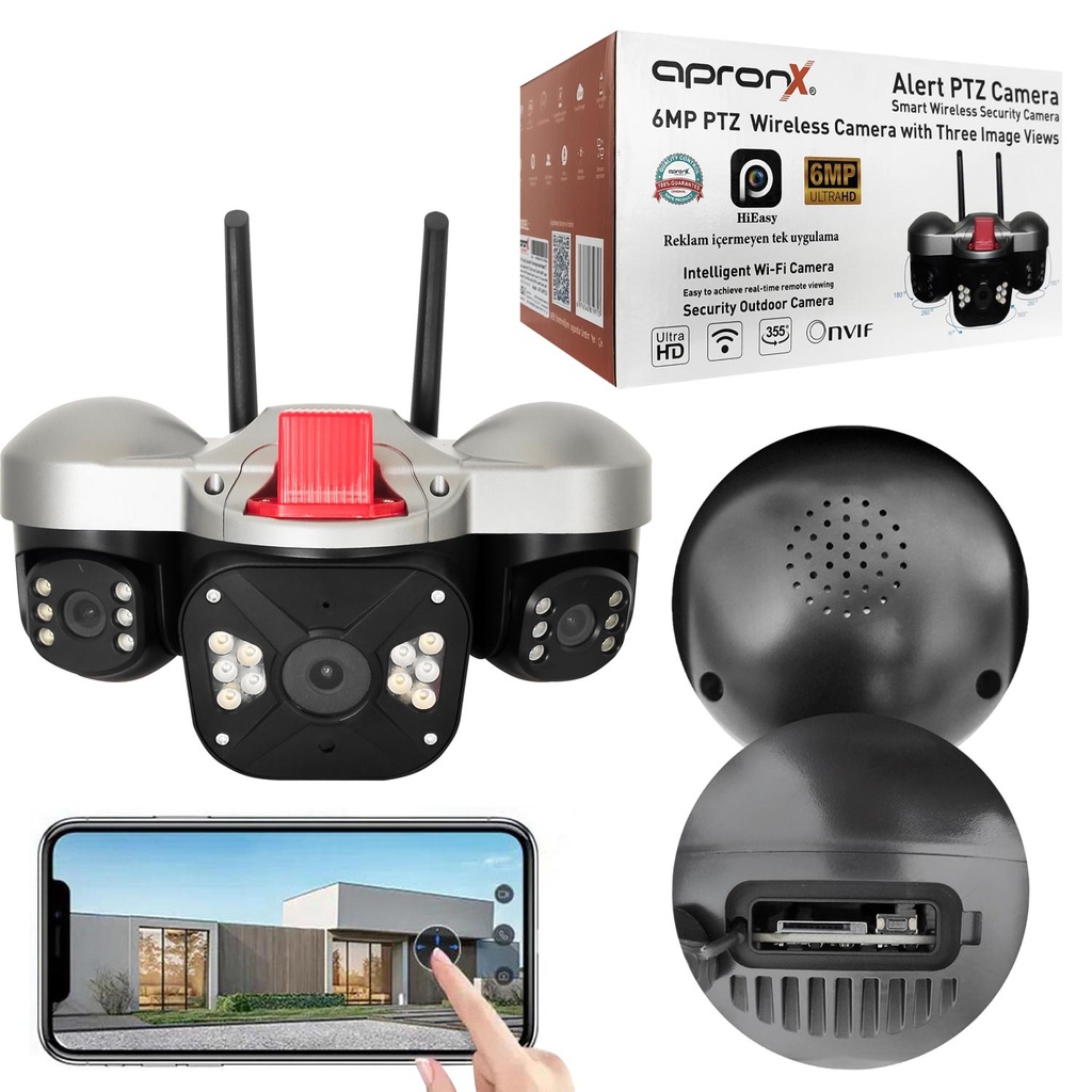 Kablosuz PTZ Akıllı Güvenlik Kamerası 3 Lens 6+5+5MP Gece Renkli Sesli Alarmlı Apronx APX-WP332