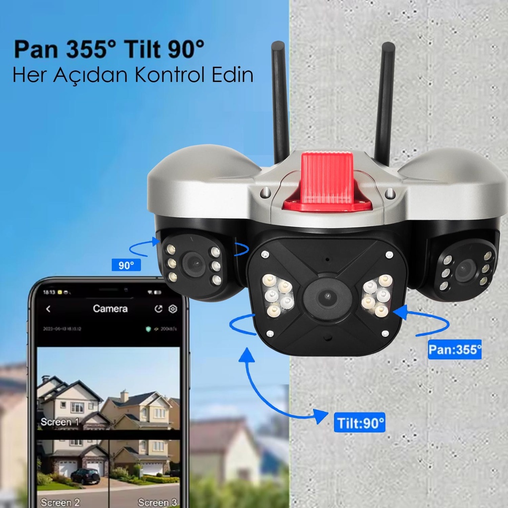 Kablosuz PTZ Akıllı Güvenlik Kamerası 3 Lens 6+5+5MP Gece Renkli Sesli Alarmlı Apronx APX-WP332