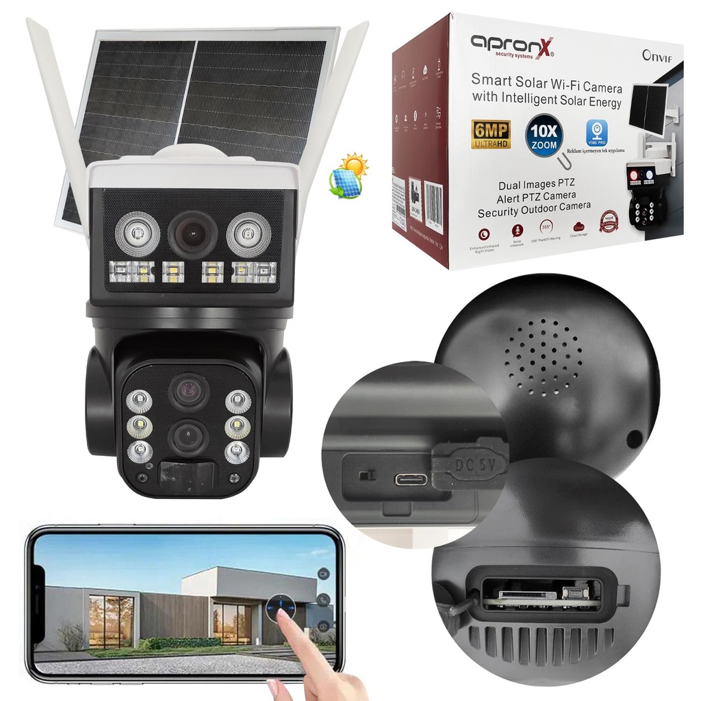 Smart Solar Kablosuz PTZ Akıllı Güvenlik Kamerası Starlight 3 Lens 6+5+5MP Gece Renkli Sesli Apronx APX-WP266OZ