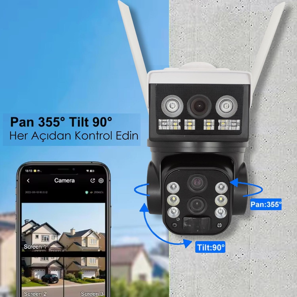 Smart Solar Kablosuz PTZ Akıllı Güvenlik Kamerası Starlight 3 Lens 6+5+5MP Gece Renkli Sesli Apronx APX-WP266OZ