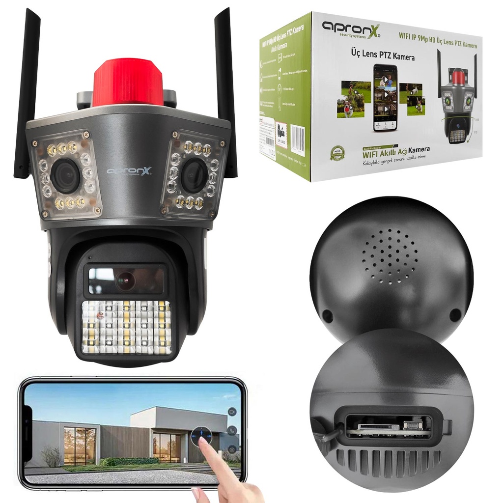 Kablosuz PTZ Akıllı Güvenlik Kamerası 3 Lens 9+5+5MP Gece Renkli Sesli Alarmlı Apronx APX-WPG490