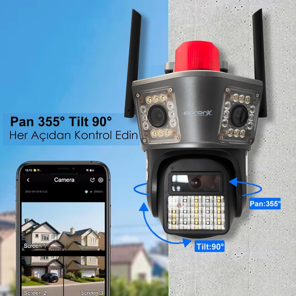 Kablosuz PTZ Akıllı Güvenlik Kamerası 3 Lens 9+5+5MP Gece Renkli Sesli Alarmlı Apronx APX-WPG490