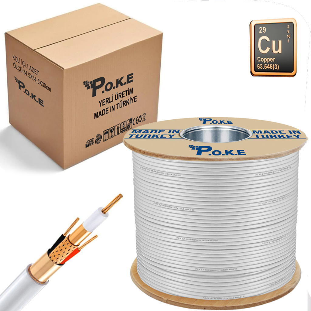 2+1 2x0.50 Tam Bakır CU CCTV Kamera Kablosu 500mt Poke PK-1321