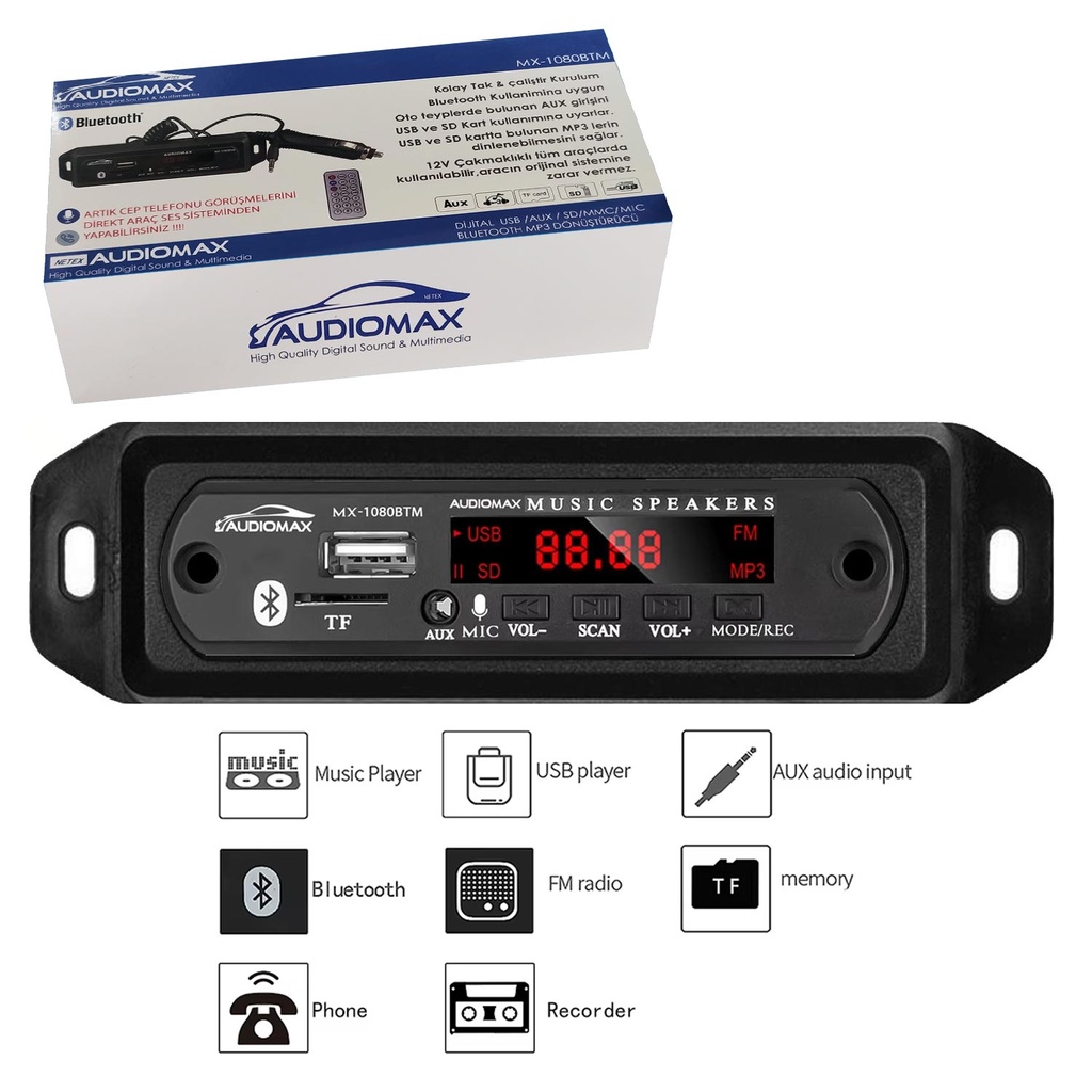 Oto Teyp Çevirici Bord Mikrofonlu Bt Aux Usb Sd Kumandalı Audiomax MX-1080BTM