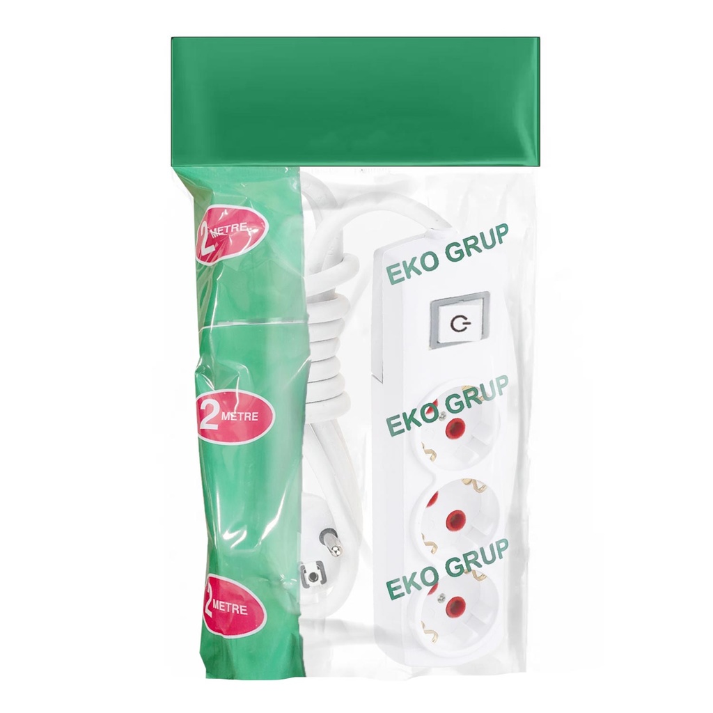 Üçlü Topraklı Anahtarlı Grup Priz 2mt Eko AS T2A