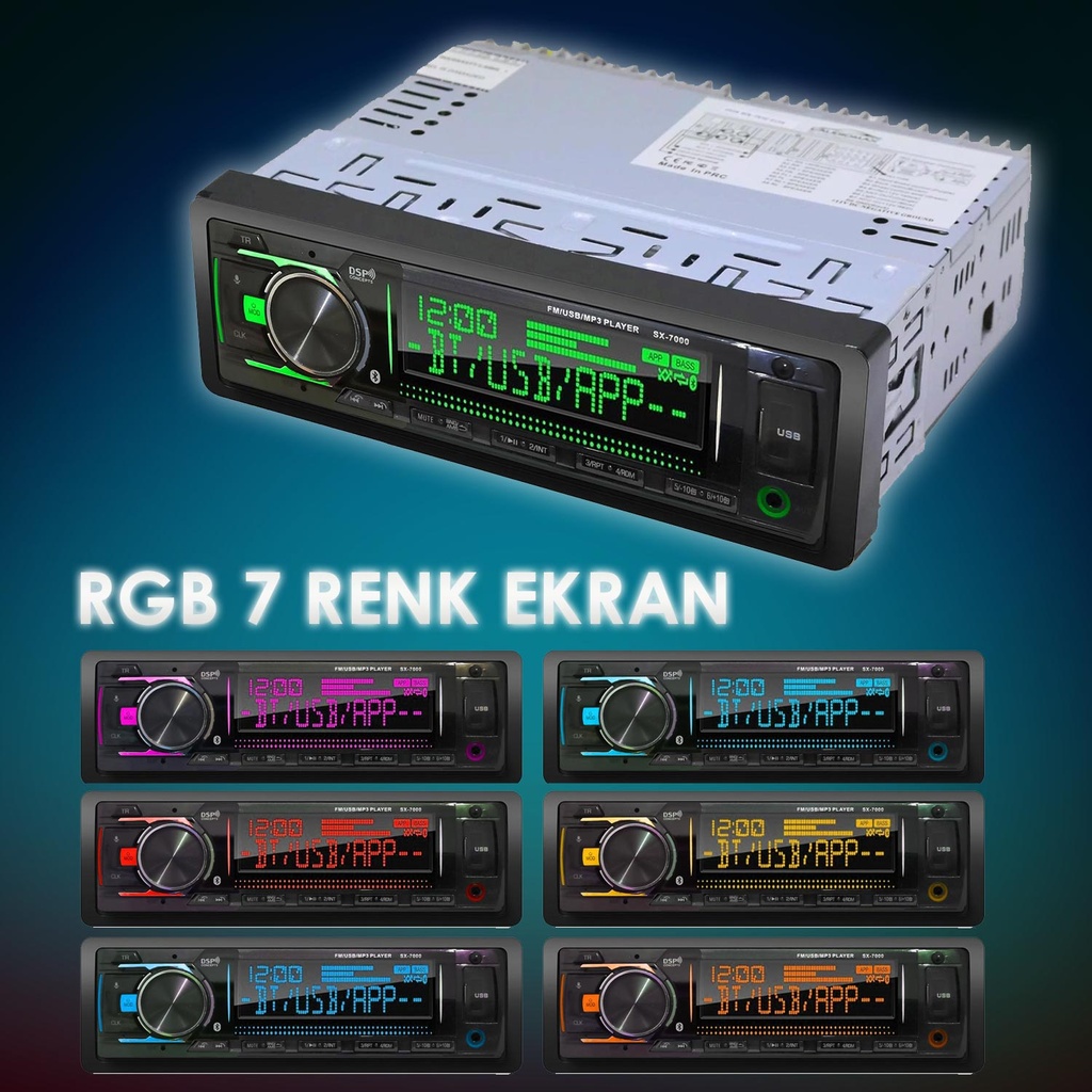 Oto Teyp 4x60w Dsp 3 Anfi Çıkışlı Bt Usb Fm 7 Renk 7388IC Audiomax SX-7000