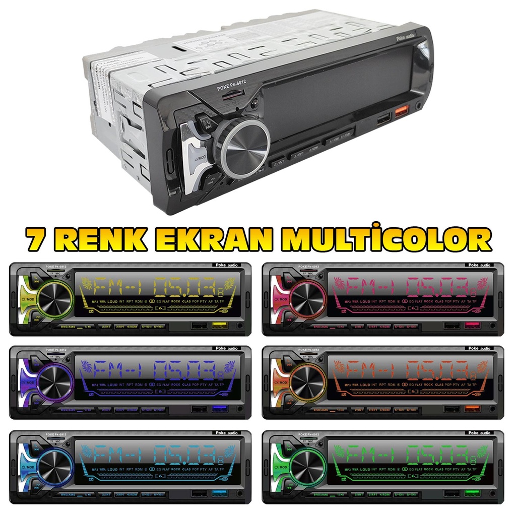 Oto Teyp 4x60 Watt BT 2xUSB Fm Şarjlı Aplikasyonlu 7388 Entegre 7 Renk Poke PK-6012