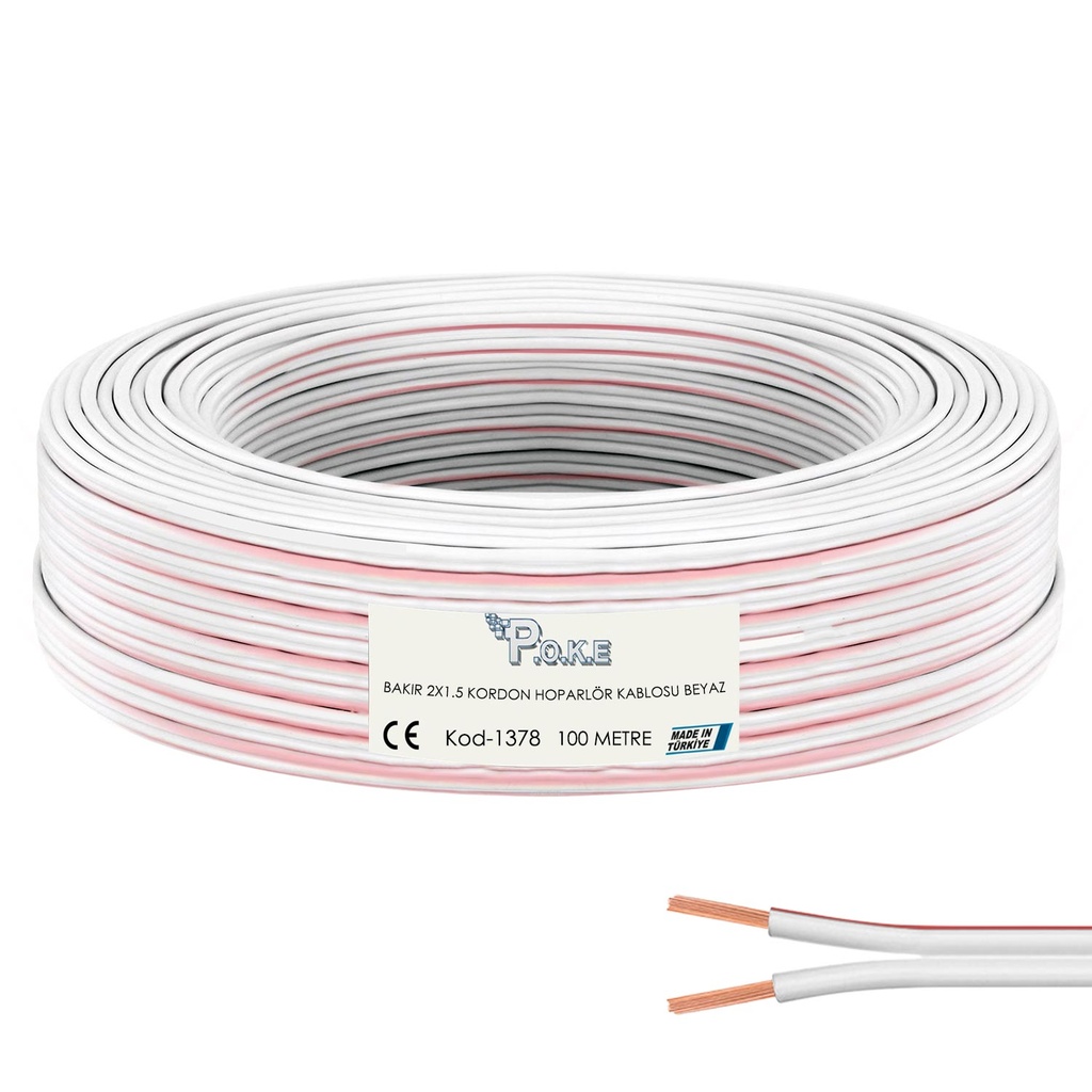 2x1.5 Elektrik Kablosu Bakır H03VH-H Kordon Beyaz 100mt Poke Pk-1378