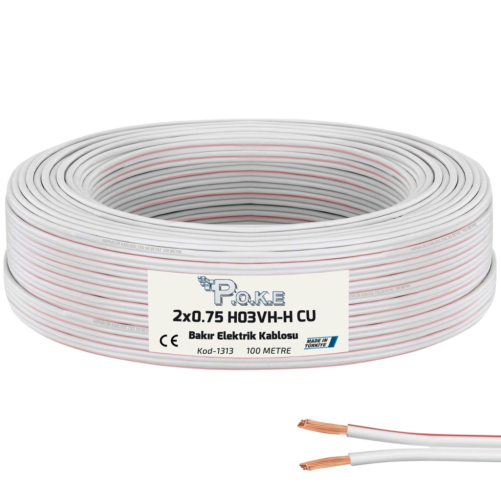 2x0.75 Elektrik Kablosu H03VH-H CU Bakır Kordon Beyaz 100mt Poke PK-1313