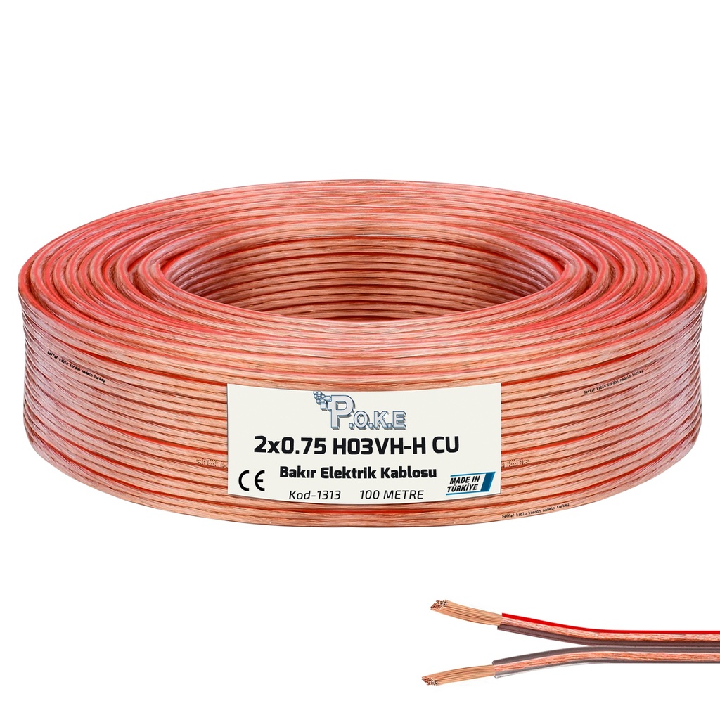 2x0.75 Elektrik Kablosu Bakır H03VH-H CU Kordon Şeffaf 100mt Poke Pk-1314