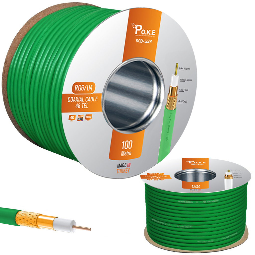 Anten Kablosu Gold RG6/U4 48Tel Yeşil 100mt Poke Pk-1323