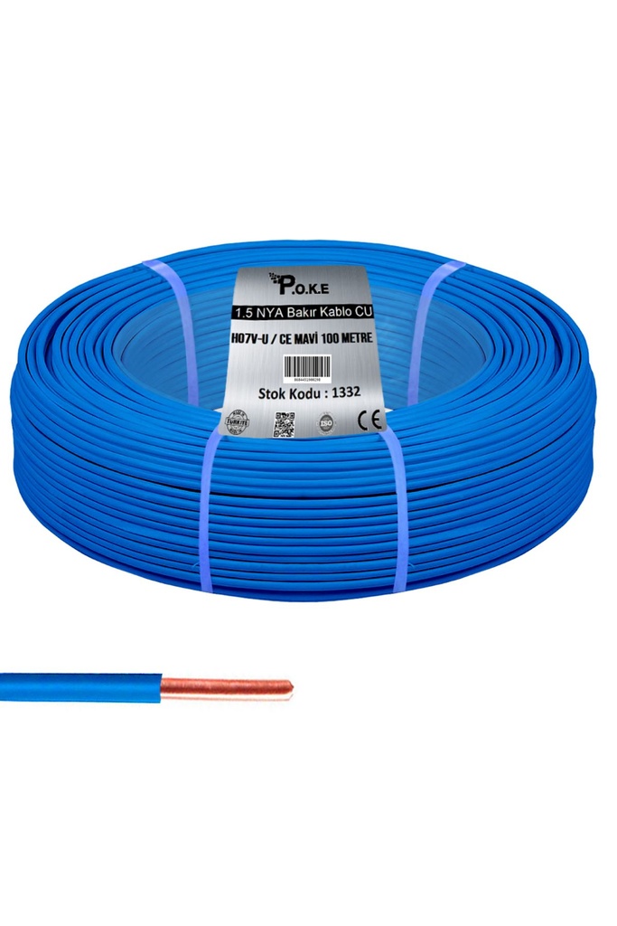 1.5 NYA Bakır CU Kablo H07V-U CE Mavi 100mt Poke PK-1332