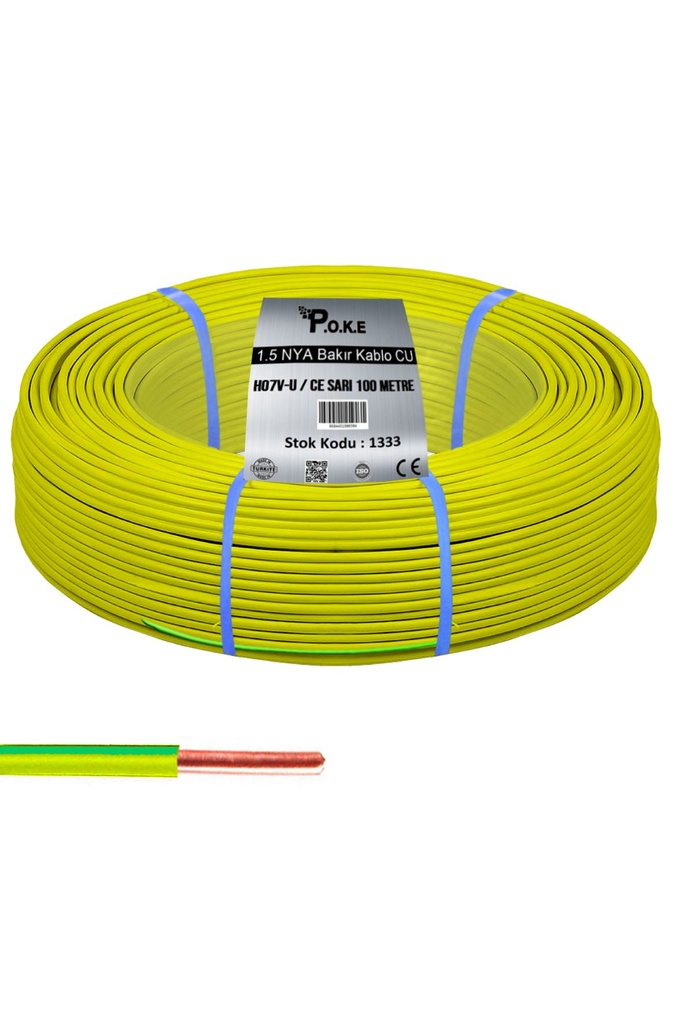 1.5 NYA Bakır CU Kablo H07V-U CE Sarı 100mt Poke PK-1333