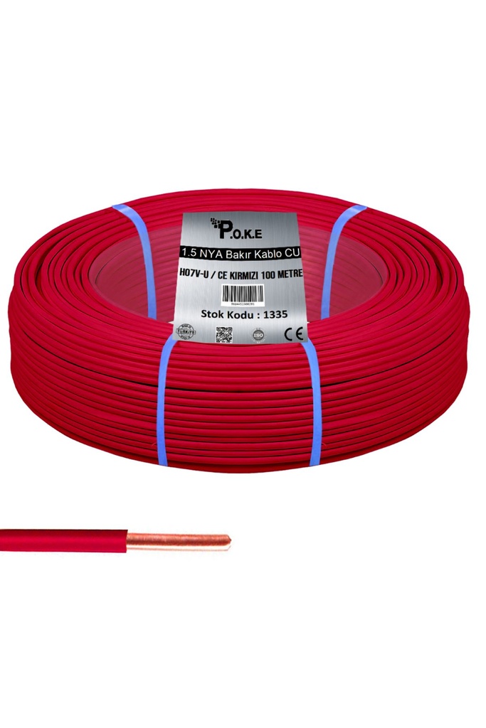 1.5 NYA Bakır CU Kablo H07V-U CE Kırmızı 100mt Poke PK-1335