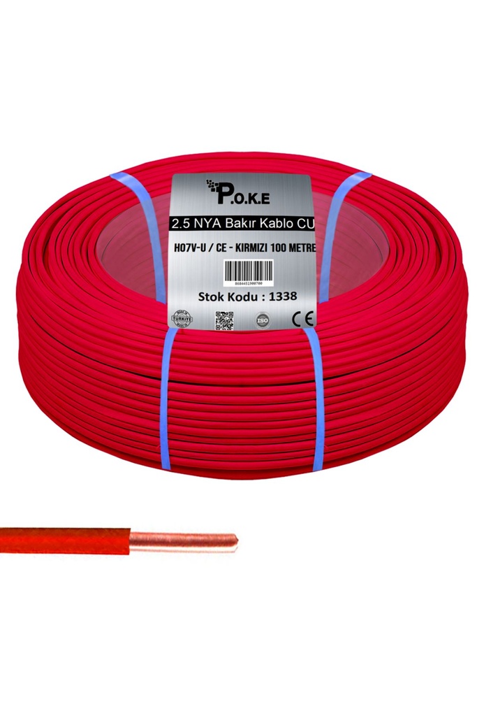 2.5 NYA Bakır CU Kablo H07V-U CE Kırmızı 100 mt Poke PK-1338