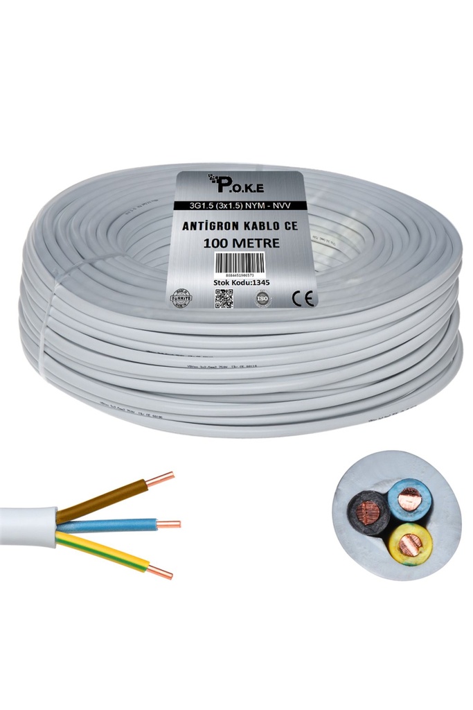 3x1.5 NYM - NVV Bakır CU Antigron Kablo CE 100mt Poke PK-1345