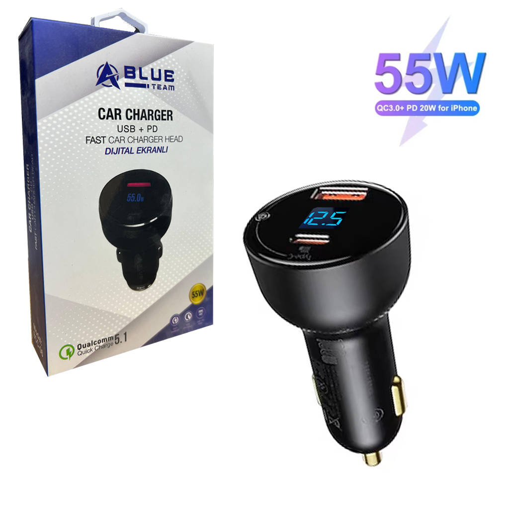 Araç Şarj Adaptörü 55w Usb Pd Type Qualcomm Dijital Ekranlı Hızlı BlueTeam BCC-06