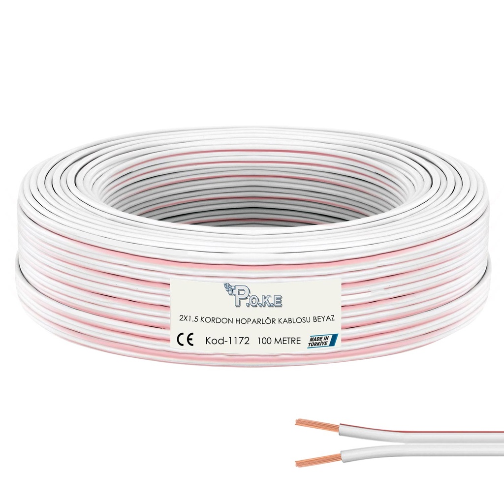2x1.5 Hoparlör Kablosu Beyaz Kordon 100mt Poke Pk-1172