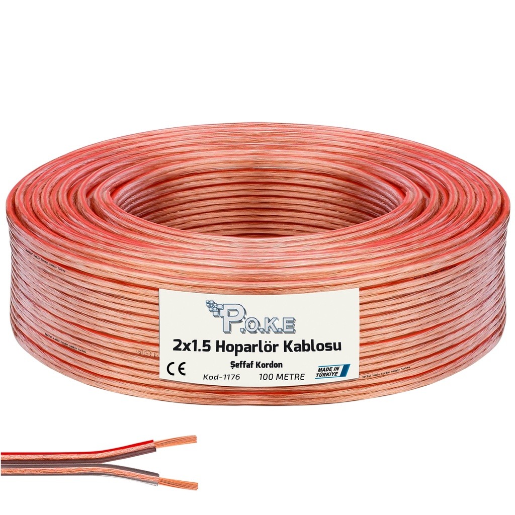 2x1.5 Hoparlör Kablosu Şeffaf Kordon 100mt Poke Pk-1176