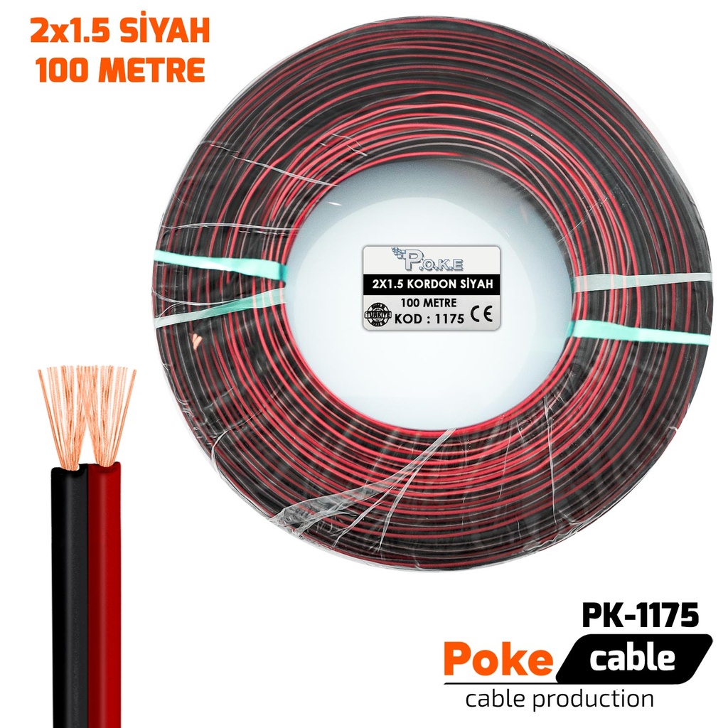 2x1.5 Hoparlör Kablosu Siyah Kordon 100mt Poke PK-1175