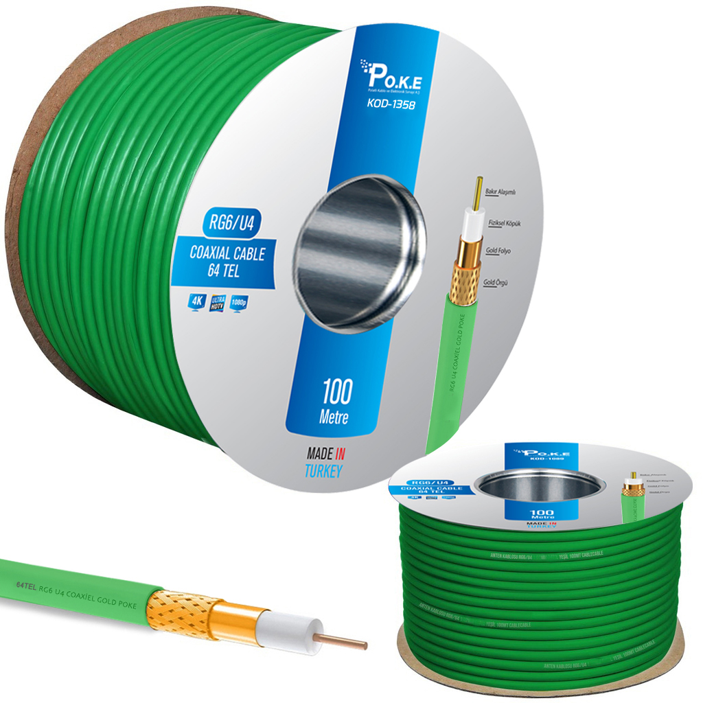 64Tel Gold Anten Kablosu RG6/U6 1.02 Yeşil 100mt Poke PK-1358