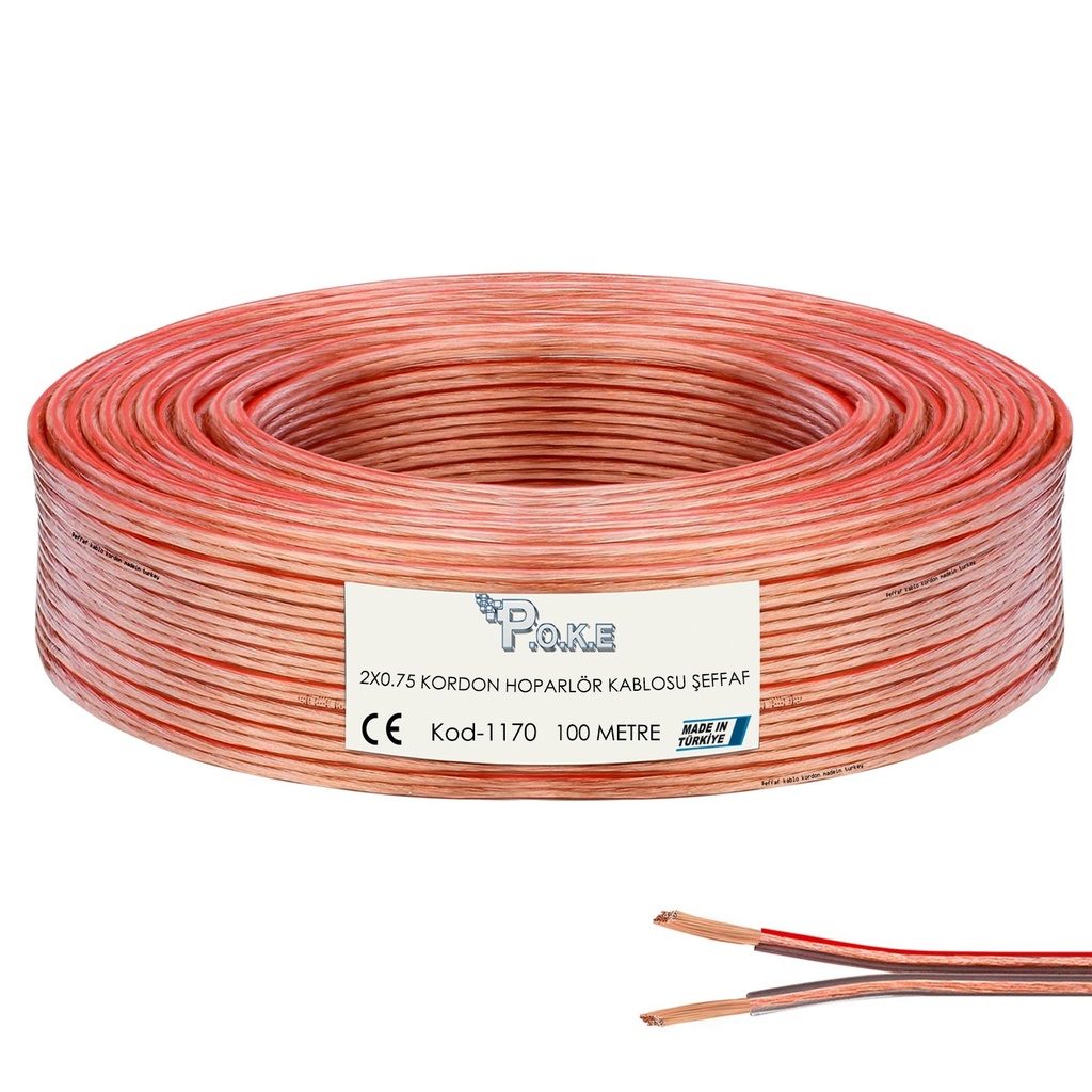 2x0.75 Hoparlör Kablosu Şeffaf Kordon 100mt Poke PK-1170