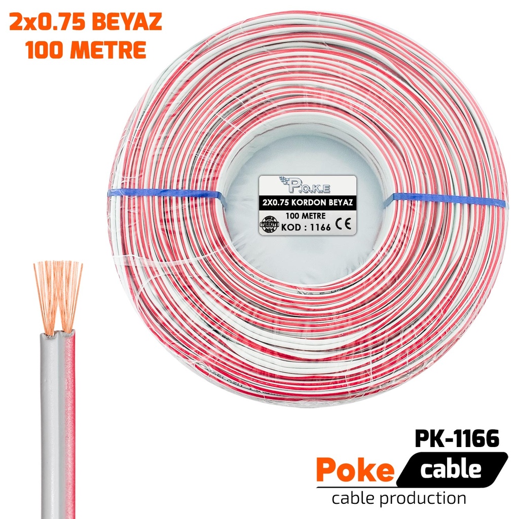 2x0.75 Hoparlör Kablosu Beyaz Kordon 100mt Poke Pk-1166