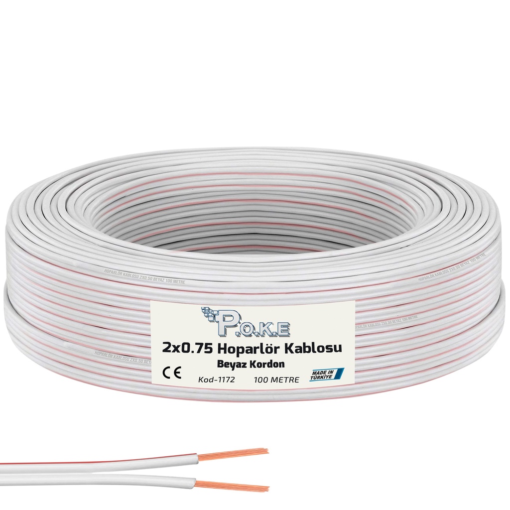 2x0.75 Hoparlör Kablosu Beyaz Kordon 100mt Poke Pk-1166