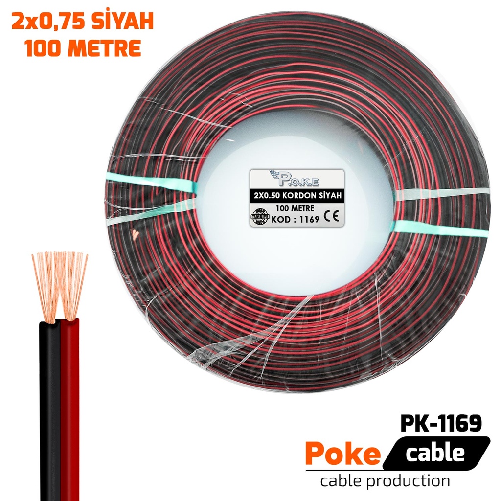 2x0.75 Hoparlör Kablosu Siyah Kordon 100mt Poke Pk-1169