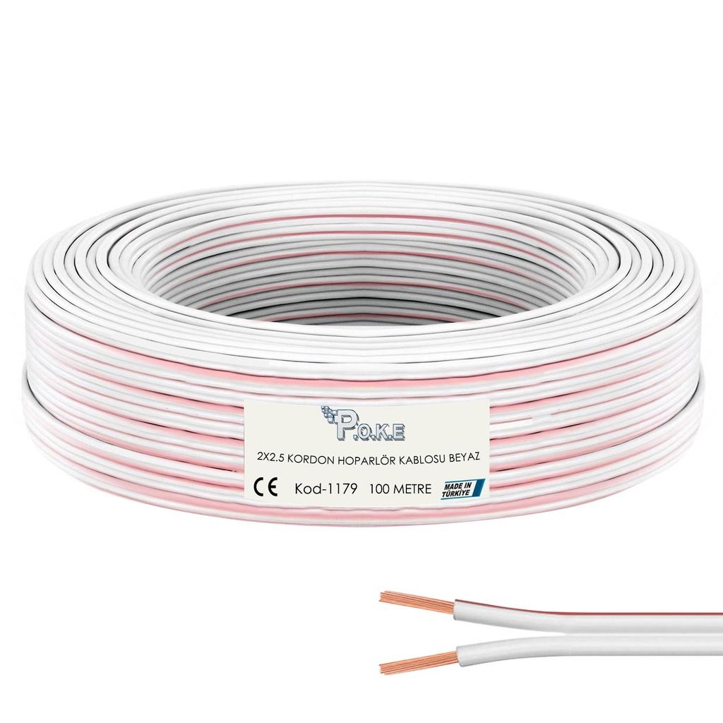 2x2.5 Hoparlör Kablosu Beyaz Kordon 100mt Poke Pk-1179