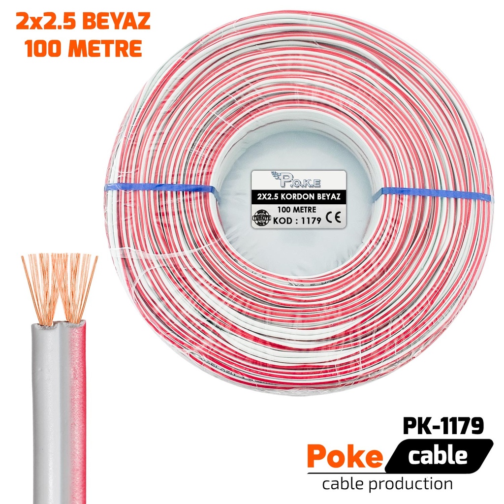 2x2.5 Hoparlör Kablosu Beyaz Kordon 100mt Poke Pk-1179
