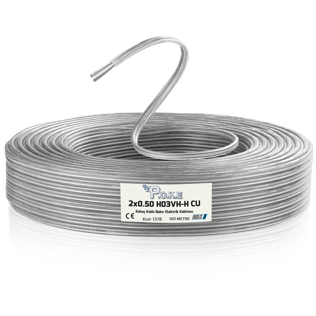 2x0.50 Kalay Kaplı Bakır Kablo Dekoratif Şeffaf H03VV-F 100mt Poke PK-1370