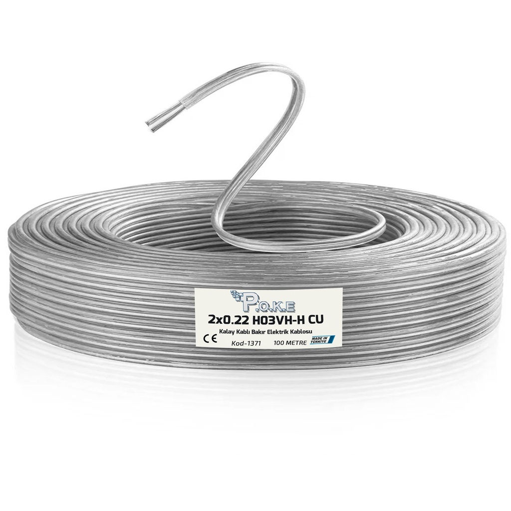 2x0.22 Kalay Kaplı Bakır Kablo Dekoratif Şeffaf H03VV-F 100mt Poke PK-1371