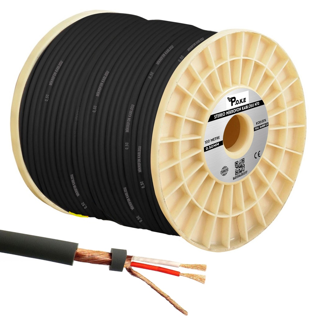 Stereo Mikrofon Kablosu 0.50 Full Bakır CU N70 100mt Siyah Pk-1376