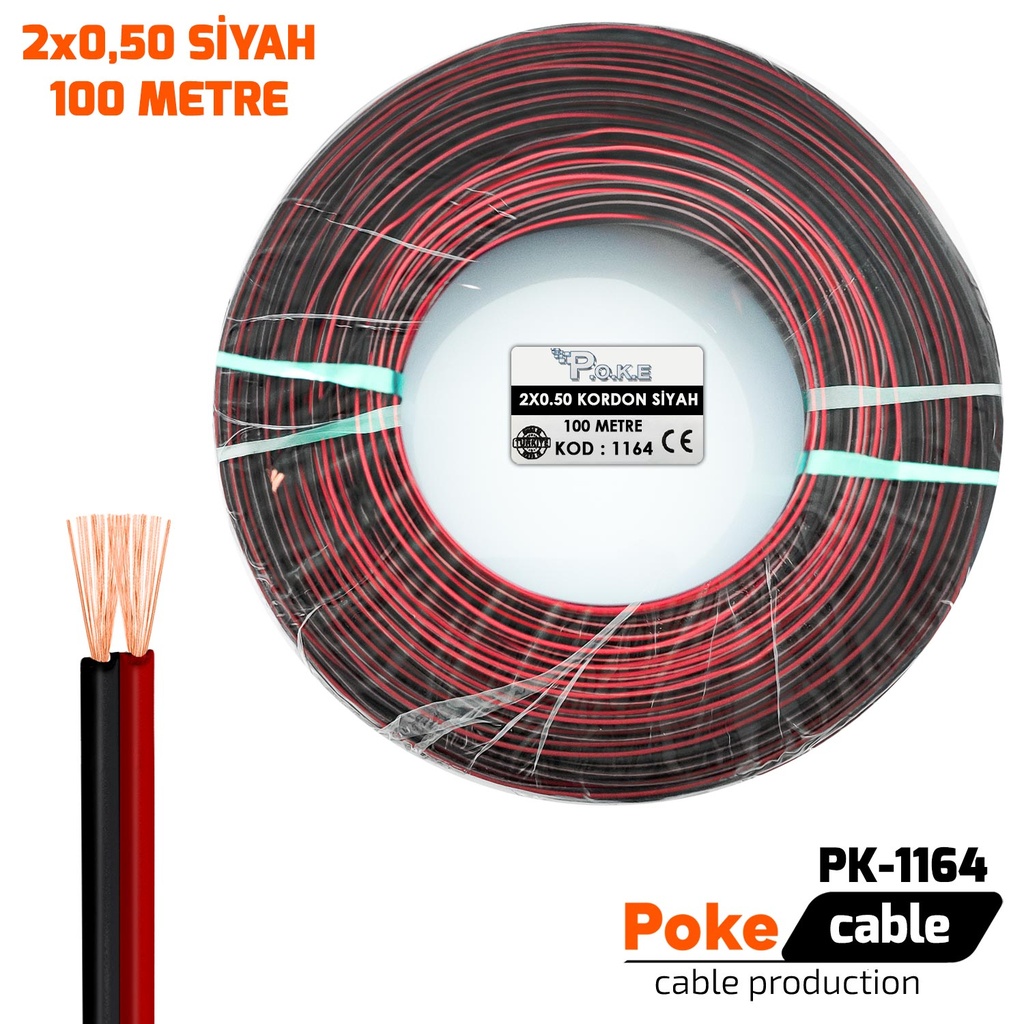 2x0.50 Hoparlör Kablosu Siyah Kordon 100mt Poke Pk-1164