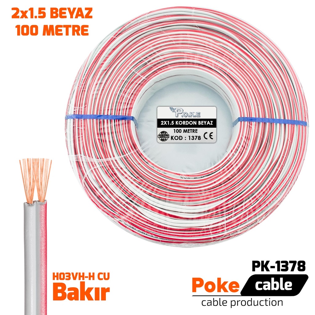 2x1.5 Elektrik Kablosu Bakır H03VH-H Kordon Beyaz 100mt Poke Pk-1378