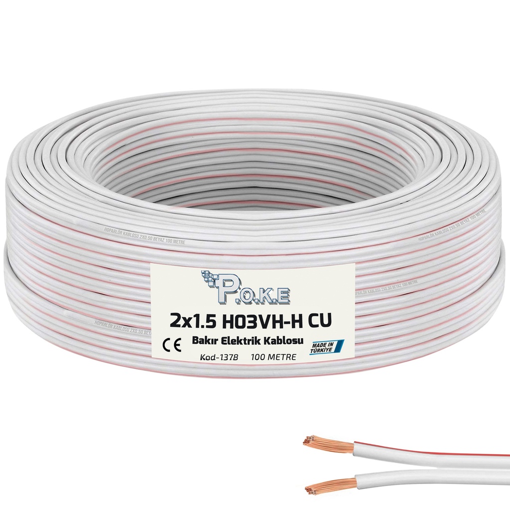 2x1.5 Elektrik Kablosu Bakır H03VH-H Kordon Beyaz 100mt Poke Pk-1378