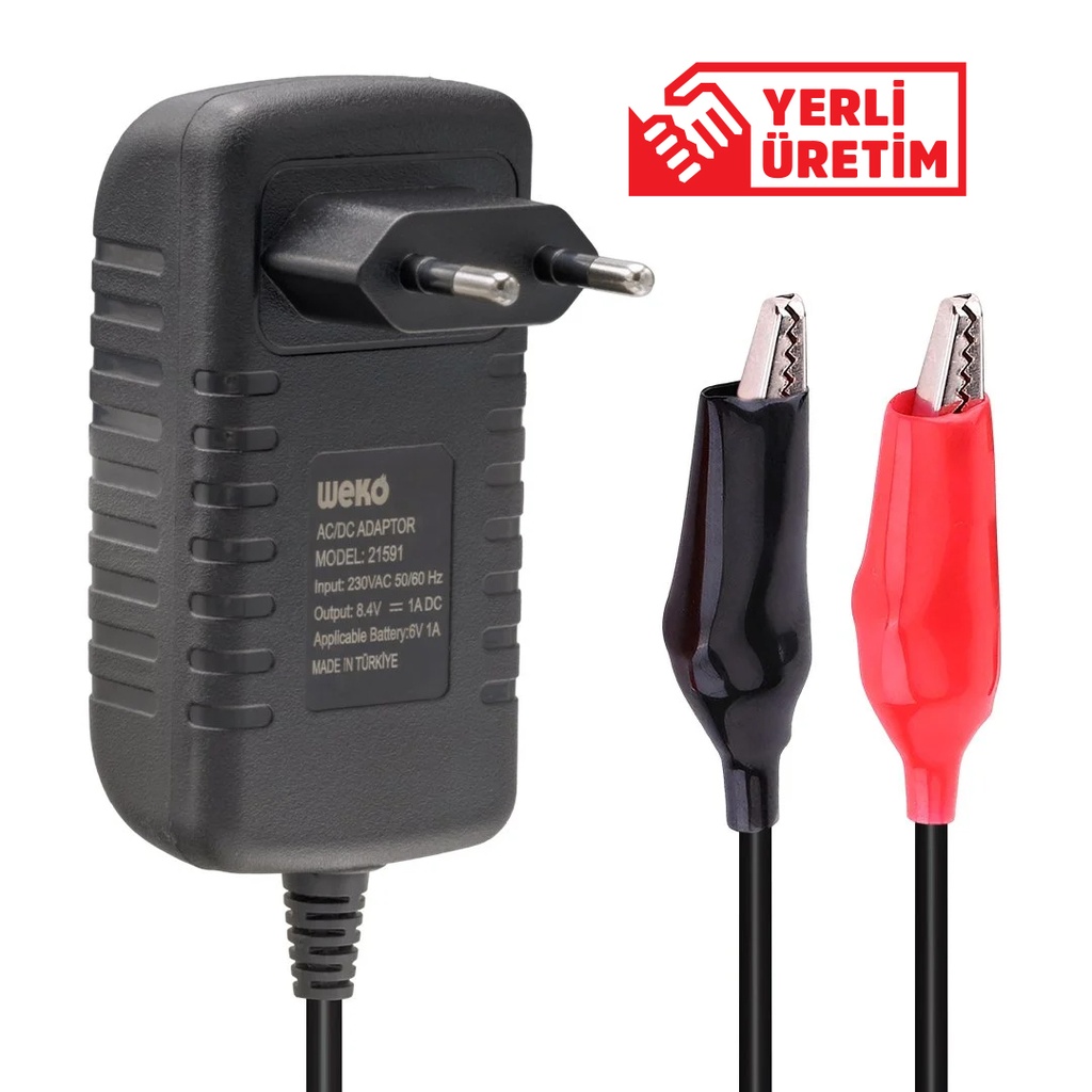 Akü Şarj Cihazı 6V 1A Krokodil Uçlu Kırmızı Yeşil Ledli WK-21591