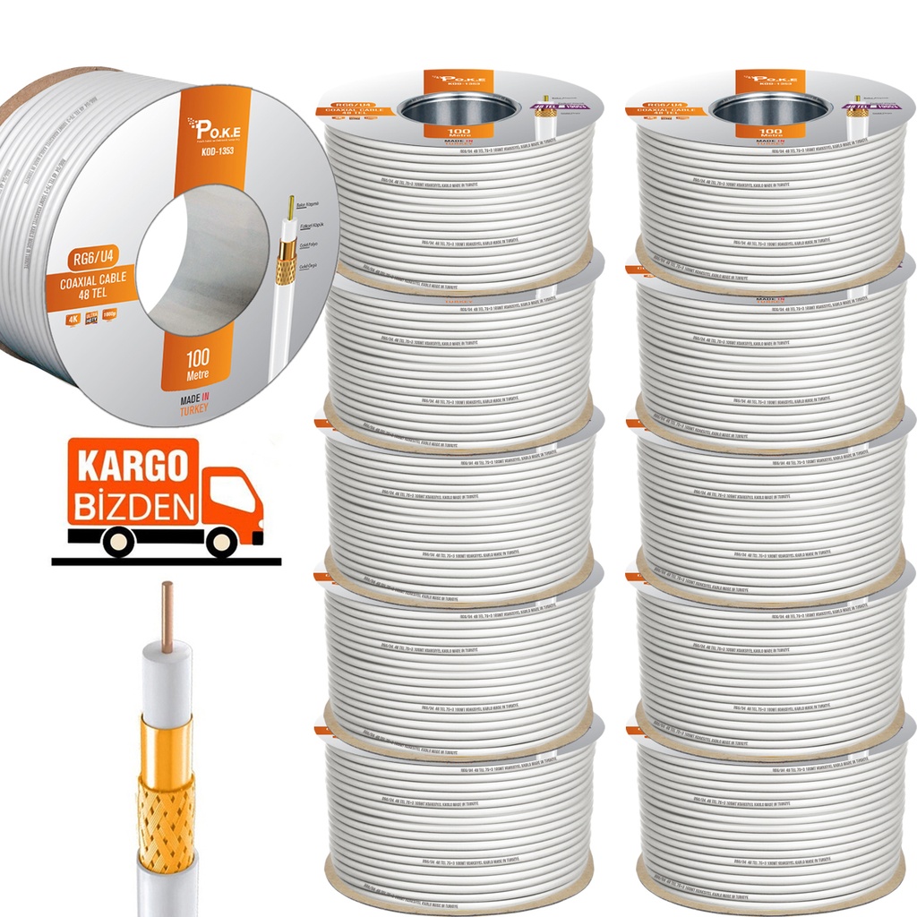 10adet 48tel Gold Anten Kablosu RG6/U6 0.80 100mt PK-1002 Kargo Bedava