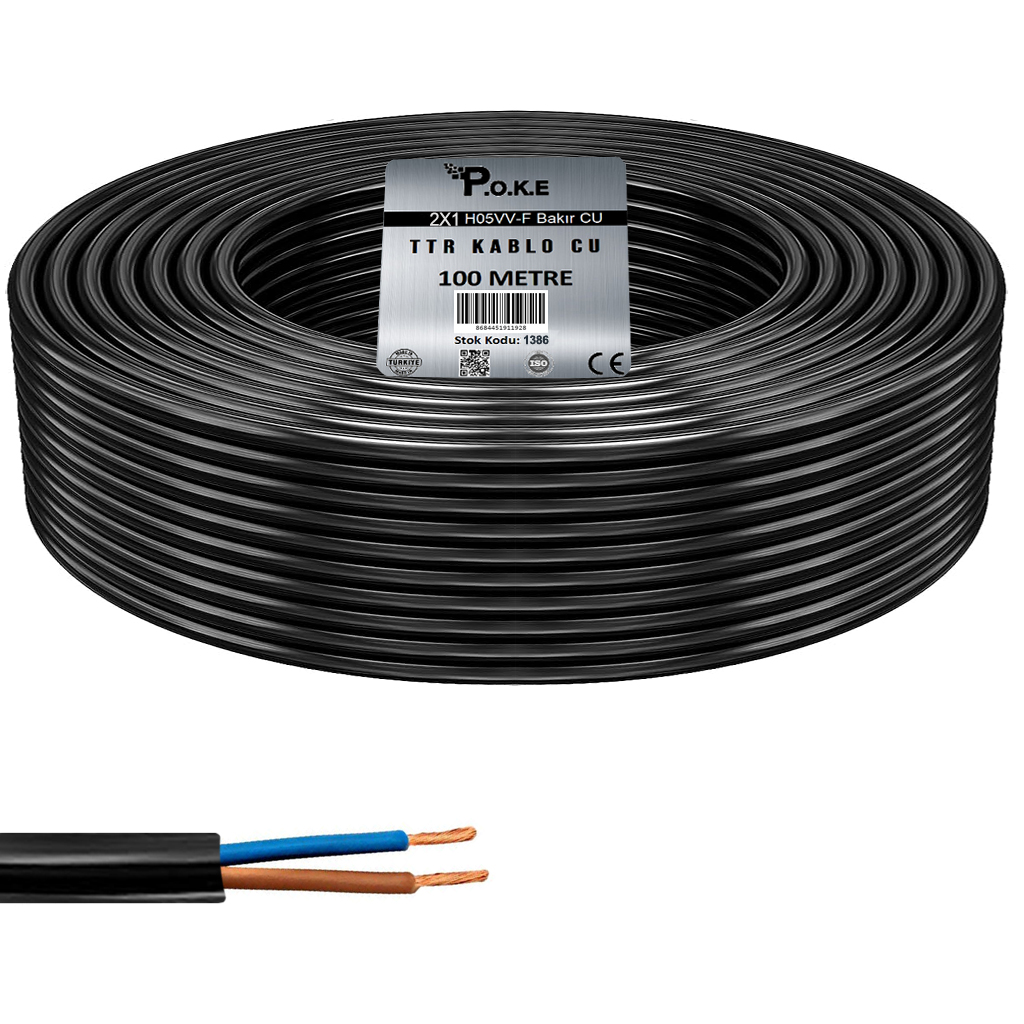 2x1 Bakır TTR Kablo H05VV-F CU Siyah 100mt Poke PK-1386