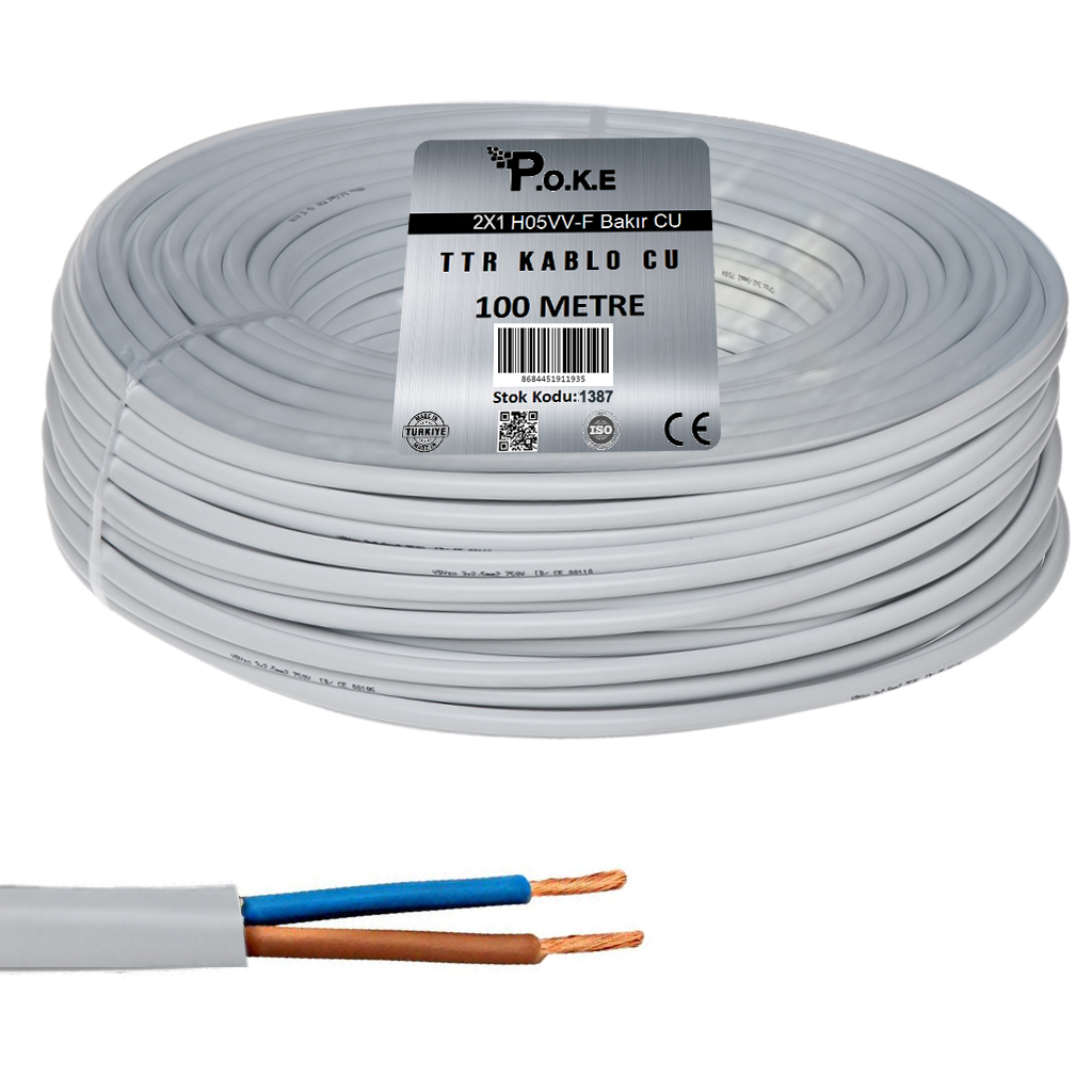 2x1 H05VV-F Bakır TTR Kablo CU Beyaz 100mt Poke PK-1387