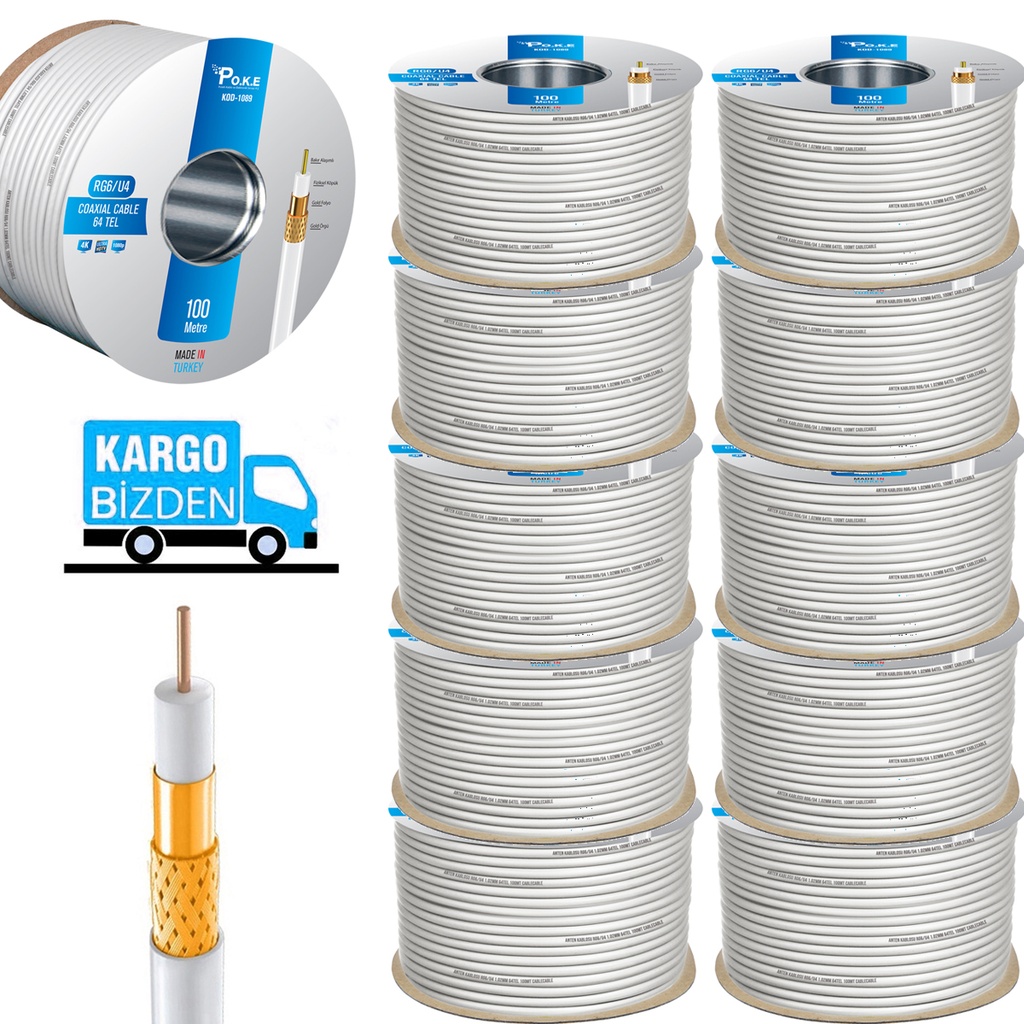 10 Adet 64tel Gold Anten Kablosu RG6/U4 1.02 100mt PK-1001 Kargo Bedava
