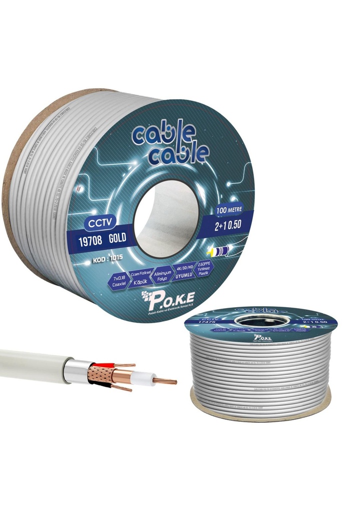 2+1 CCTV 0.50 Kamera Kablosu Gold Makaralı 100mt Poke Pk-1015