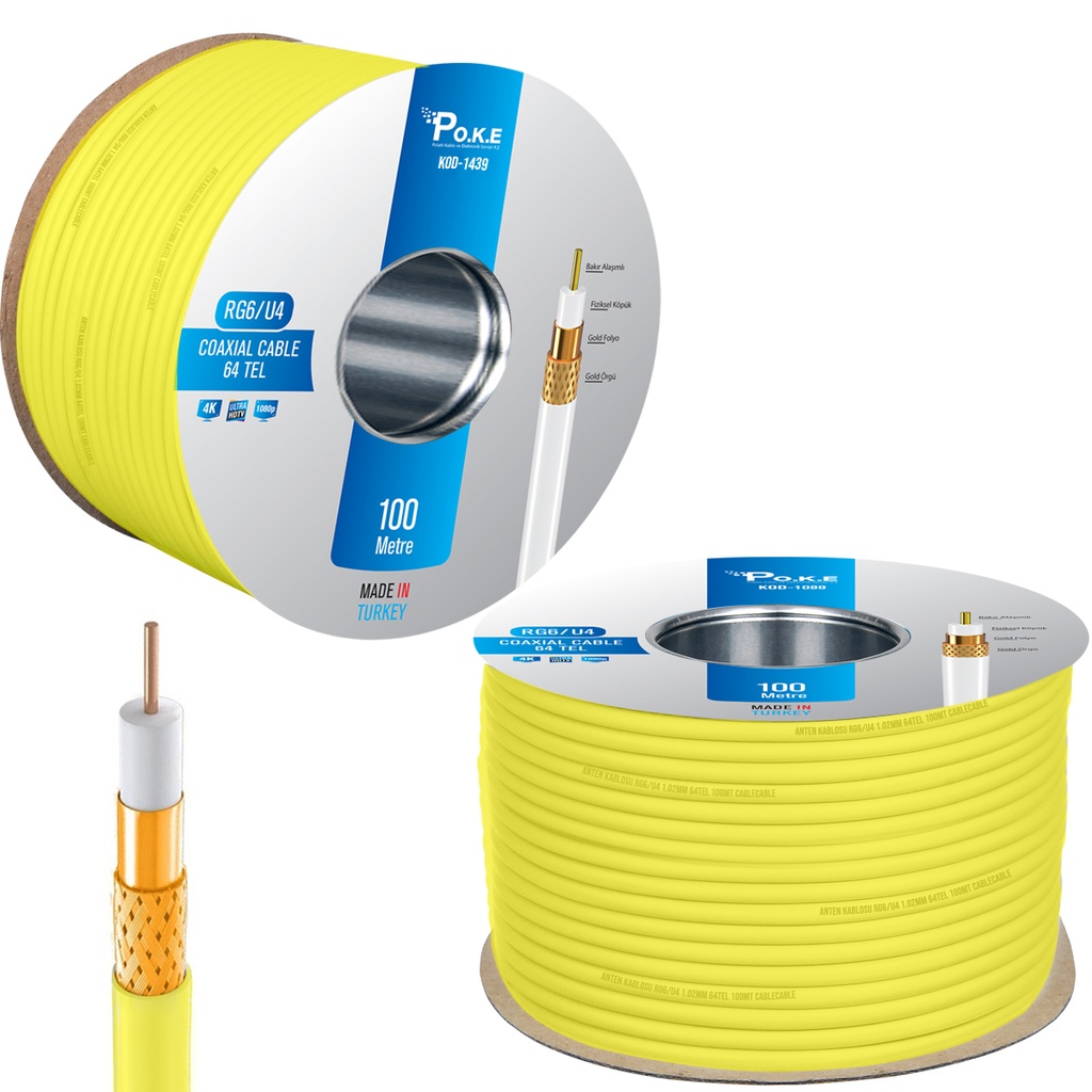 Anten Kablosu Gold RG6/U4 64Tel 1.02 Sarı 100mt Poke PK-1439