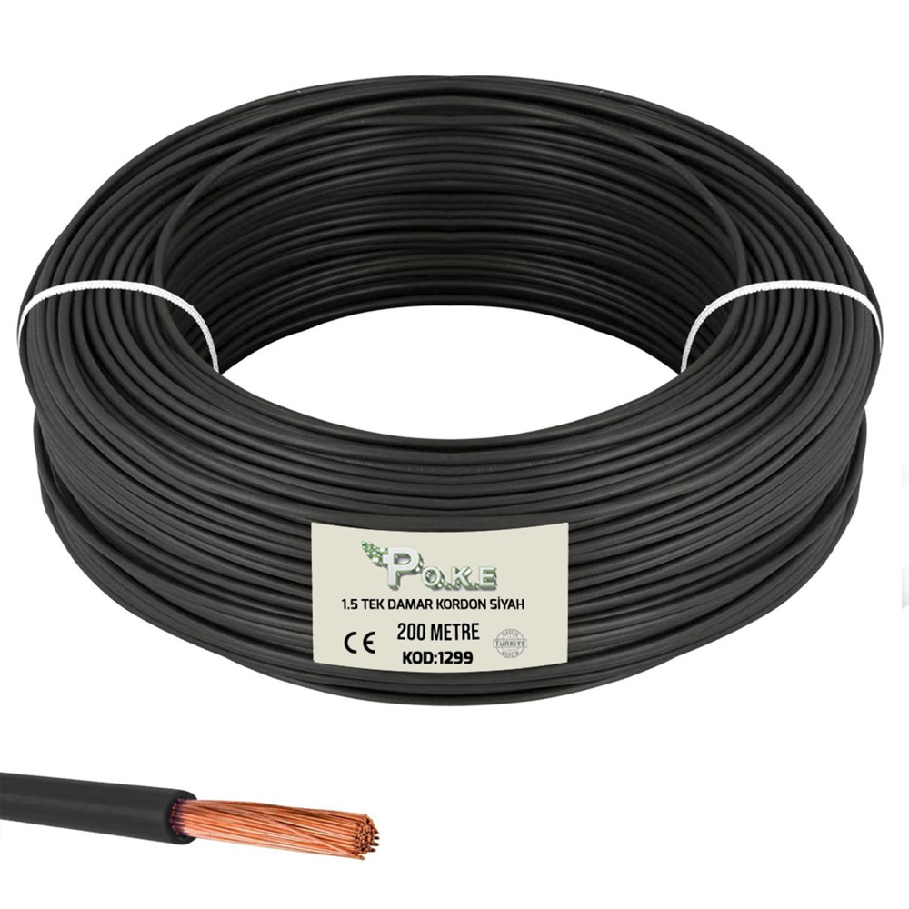 1.5 NYAF Kablo Tek Damar Siyah 200mt Poke Pk-1299