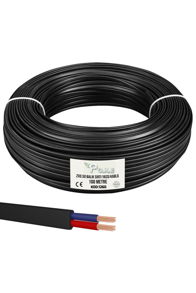 2x0.50 TTR Balık Sırtı Yassı Kablo Siyah 100mt Poke PK-1260