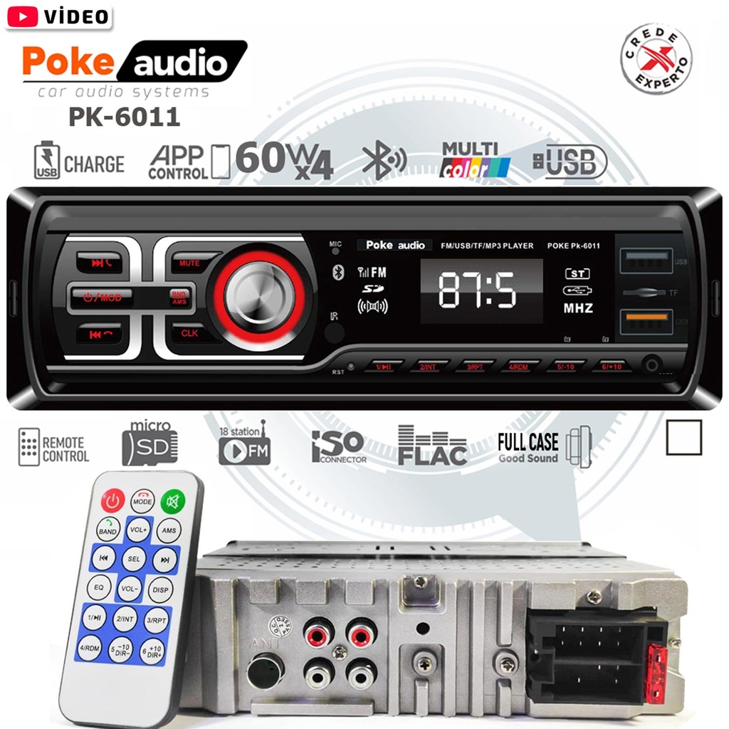 Oto Teyp 4x60 Watt BT 2xUSB Fm Şarjlı Aplikasyonlu Poke PK-6011