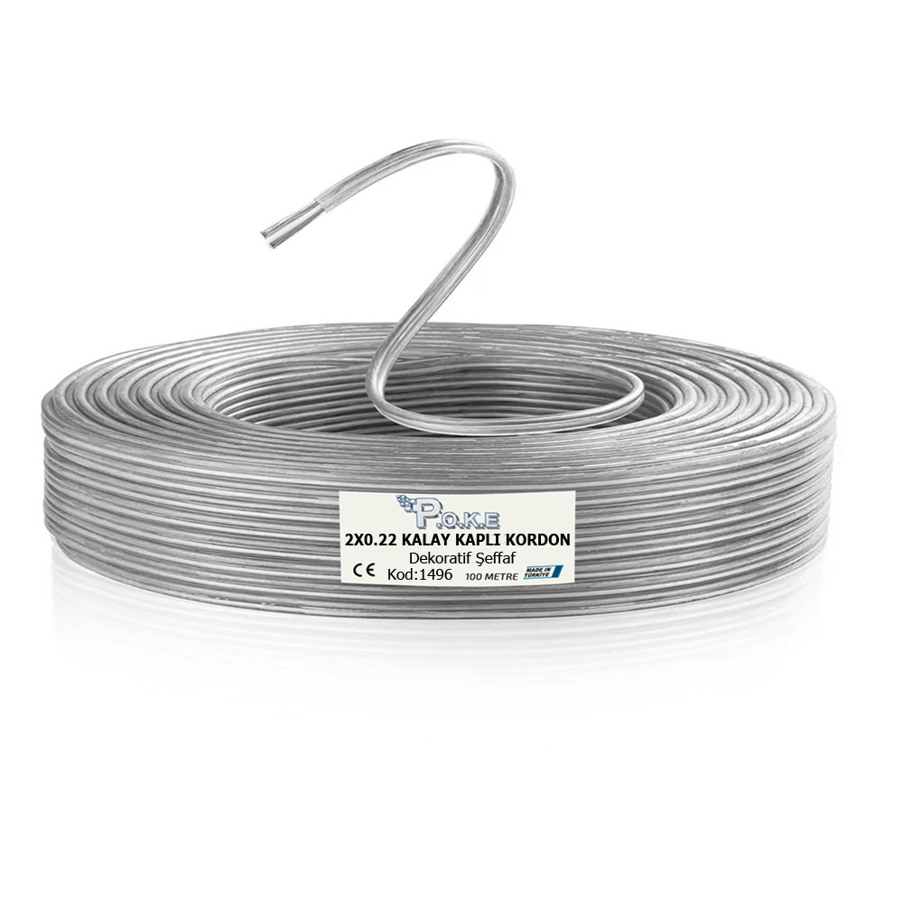 2x0.22 Kalay Kaplı Kablo Dekoratif Şeffaf 100mt Poke PK-1496