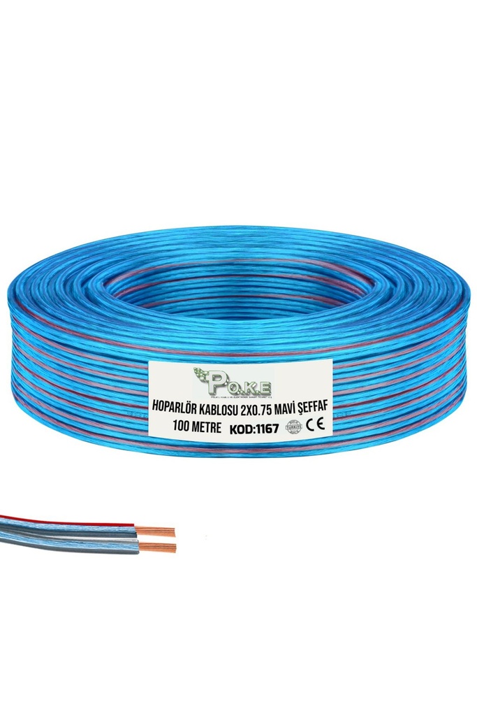 2x0.75 Hoparlör Kablosu Mavi Şeffaf Kordon 100mt Poke Pk-1167