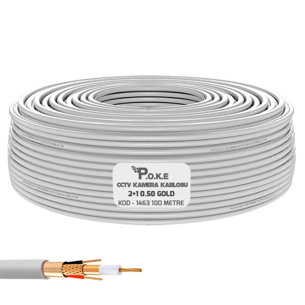 2+1 Dış Mekan CCTV 0.50 Kamera Kablosu Gold IP66 100mt Poke PK-1463